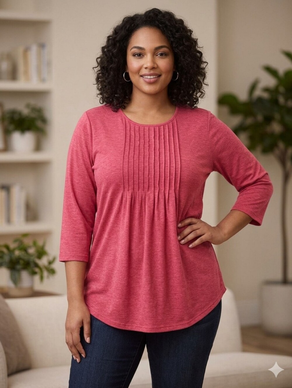 Boutique Raspberry Red Pink Pintuck Pleated 3/4 Sleeve Tunic Cotton Blend Top M